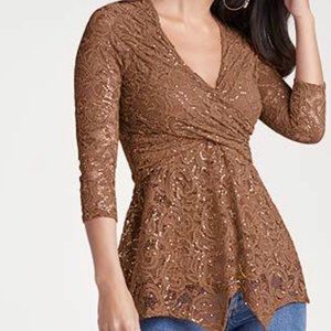 Woman Elegant Spandex Lace Top, X Small/ Gold Glitter / 3/4 Sleeves